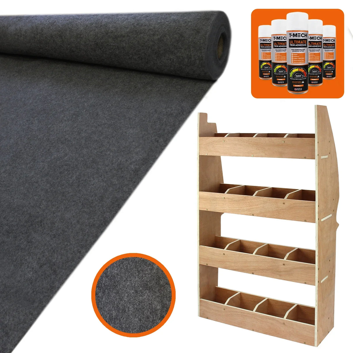 Anthracite van lining roll, textured felt material, alongside Citroen Berlingo rack with multiple wooden storage compartments