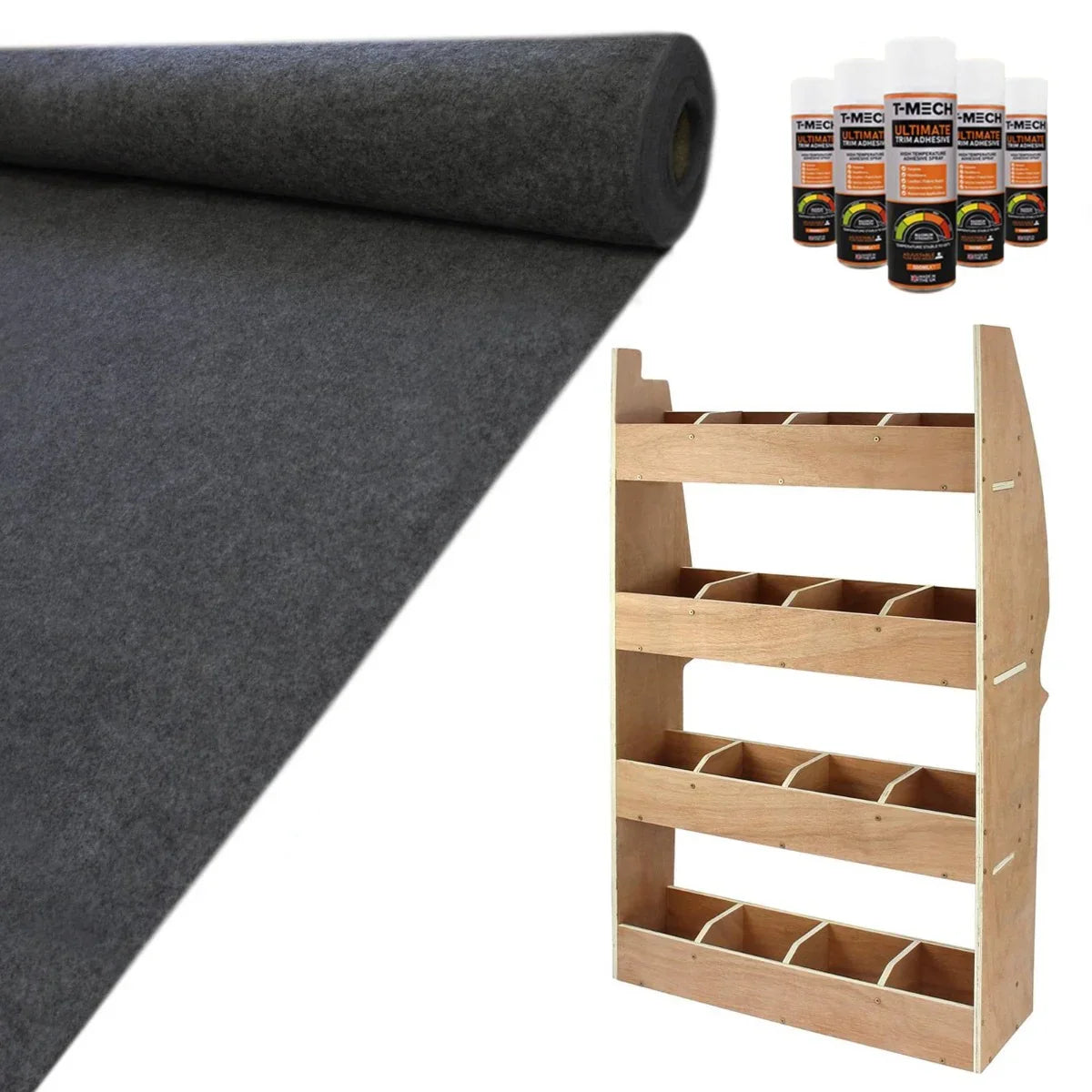 Anthracite van lining roll, glue bottles, and wooden rack with multiple storage compartments for Citroen Berlingo