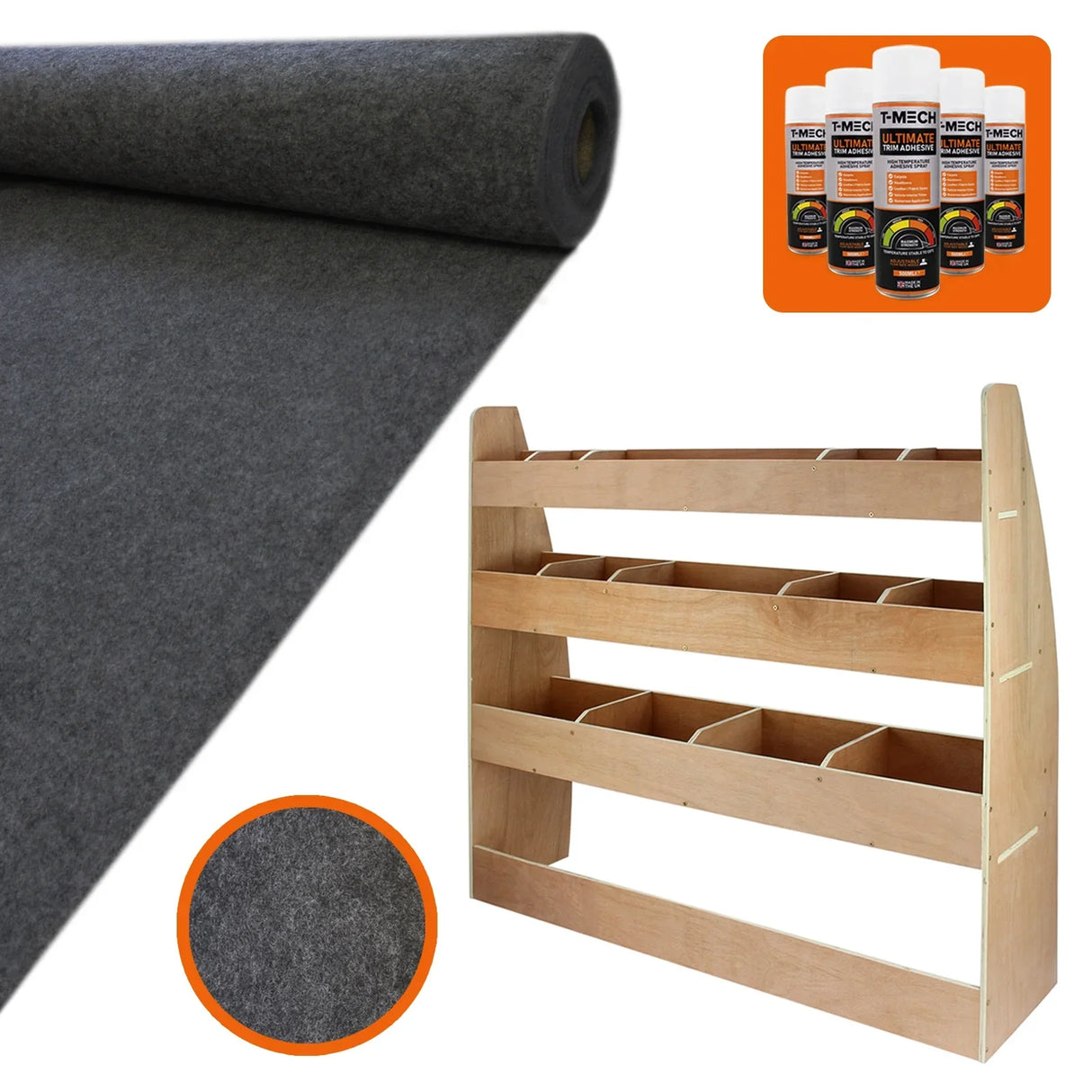 Anthracite van lining roll with textured finish, wooden rack with multiple compartments, and glue bottles for installation