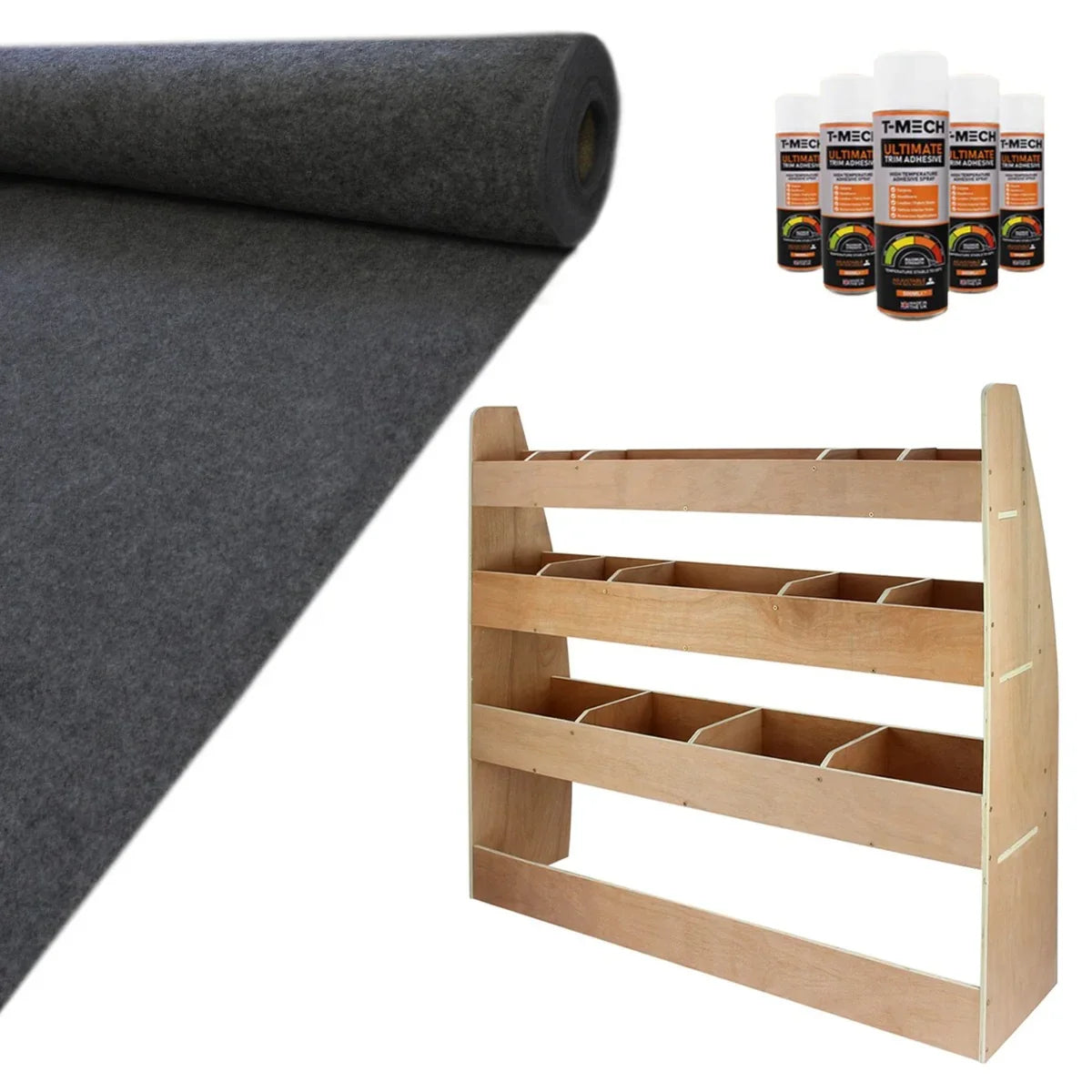 Anthracite van lining roll, wood rack with five compartments, and glue bottles for VW Caddy customization and organization