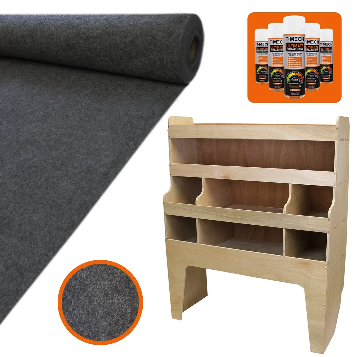 Anthracite van lining roll with smooth texture, wooden rack with multiple compartments, and glue bottles for installation