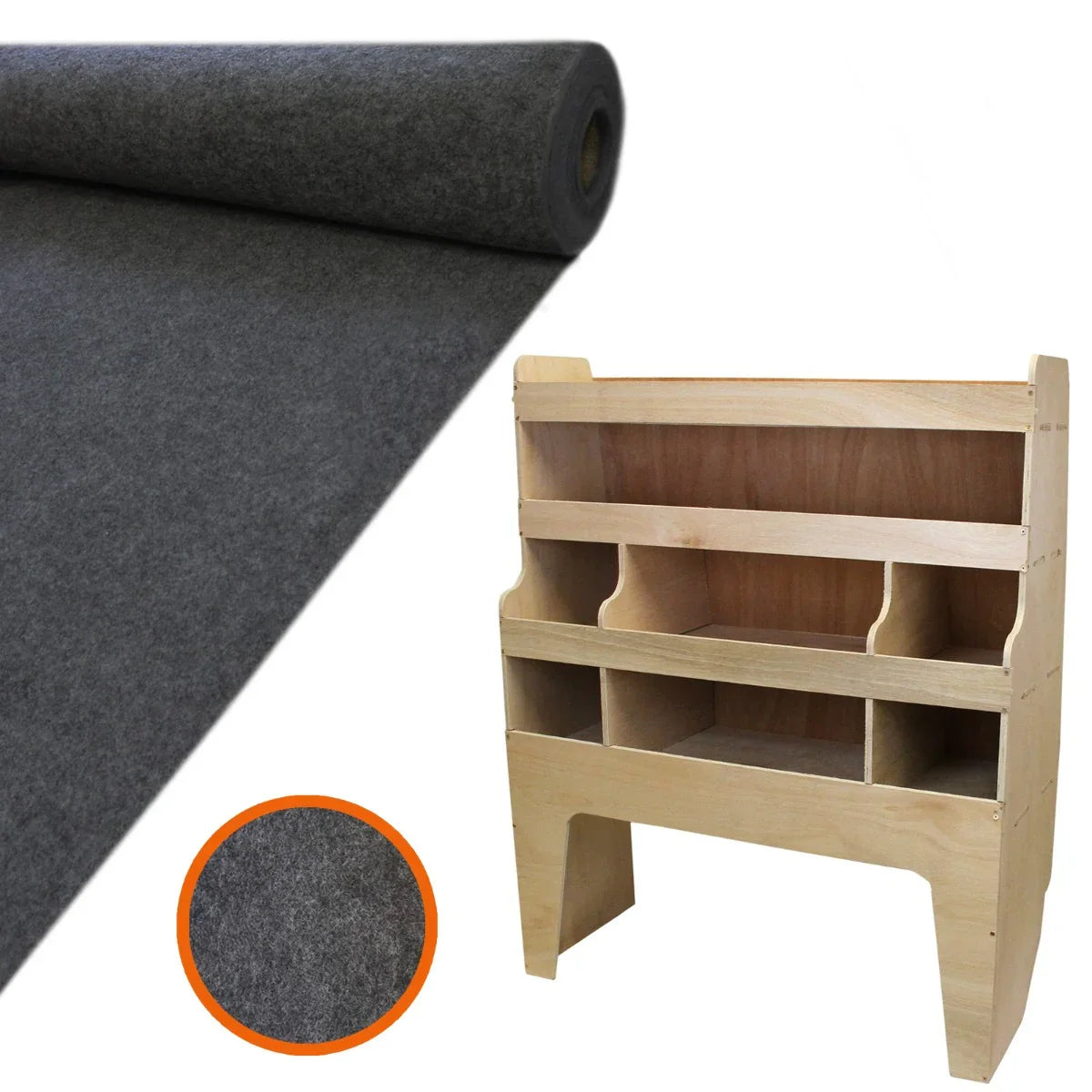 Anthracite van lining roll with a soft felt texture, paired with a wooden VW Transporter rack featuring multiple compartments