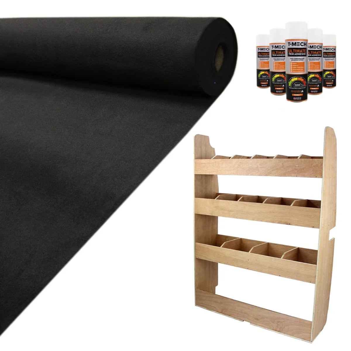 Black van lining material roll, glue bottles, and a wooden rack with multiple compartments for Ford Transit Custom