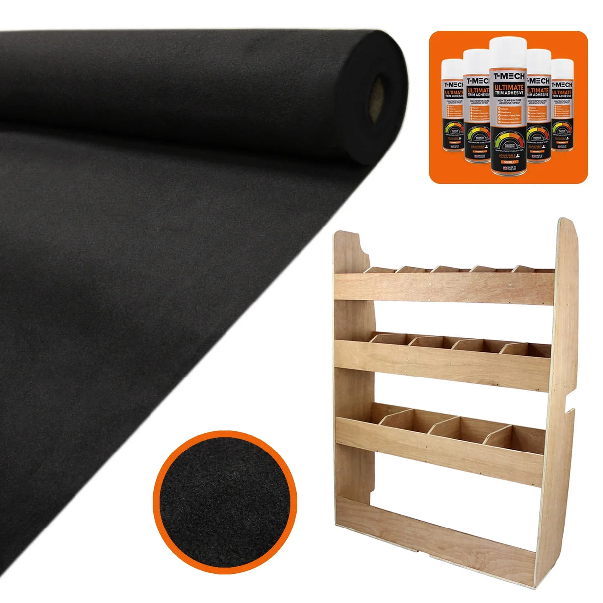 Black van lining roll with a soft texture, glue bottles, and a wooden rack for organizing tools and supplies