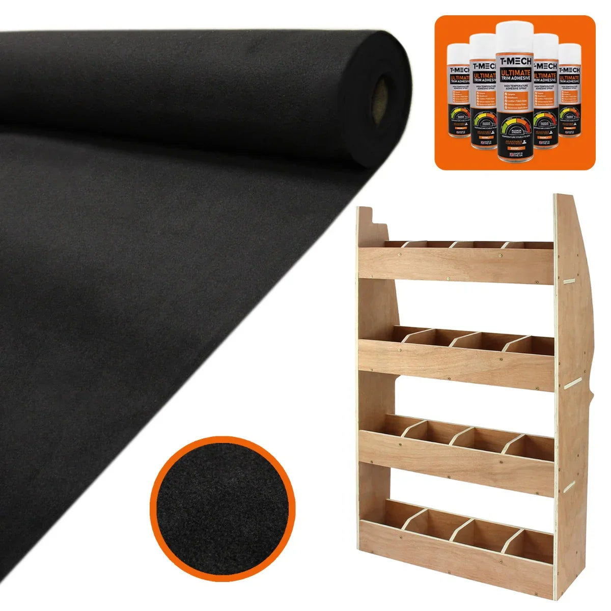 Black van lining roll with soft texture alongside a wooden racking unit featuring multiple storage compartments