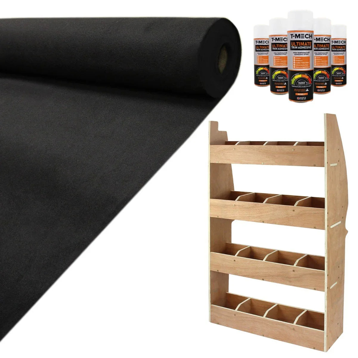 Black van lining roll with textured surface, alongside a wooden racking unit featuring multiple storage compartments