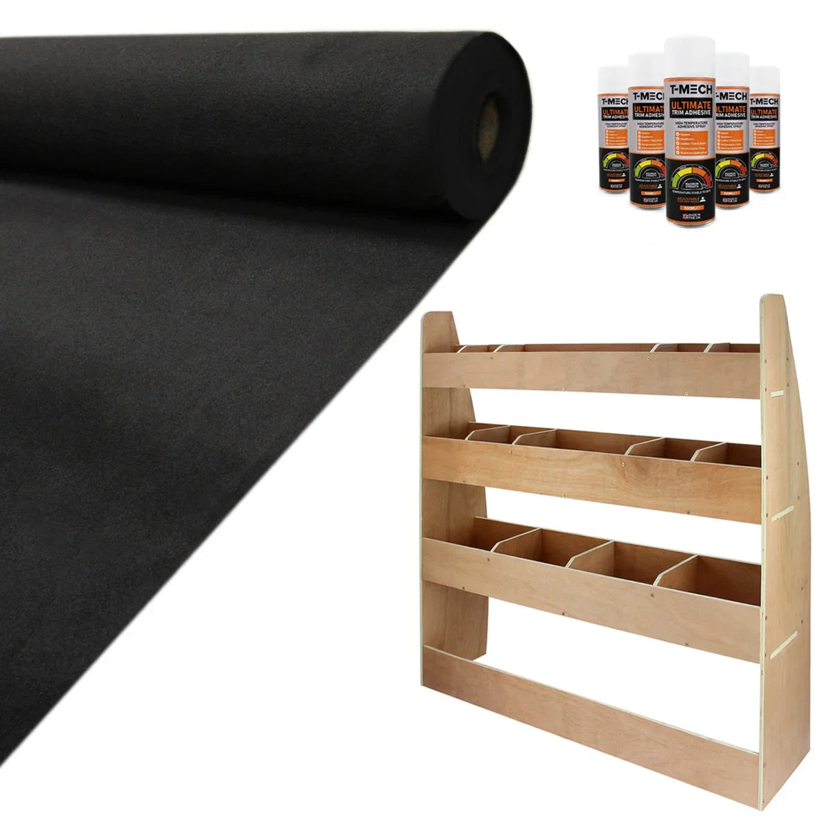 Black van lining material rolls, glue bottles, and a wooden VW Caddy rack with multiple storage compartments