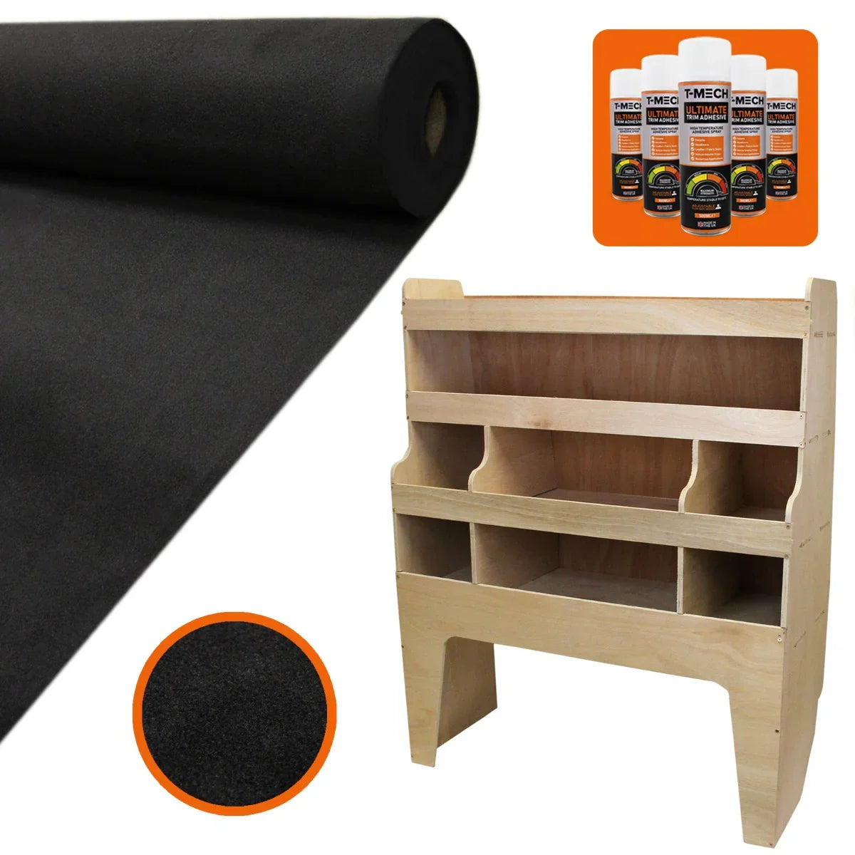 Black van lining roll alongside a wooden racking unit with multiple compartments, featuring a soft texture and sturdy design
