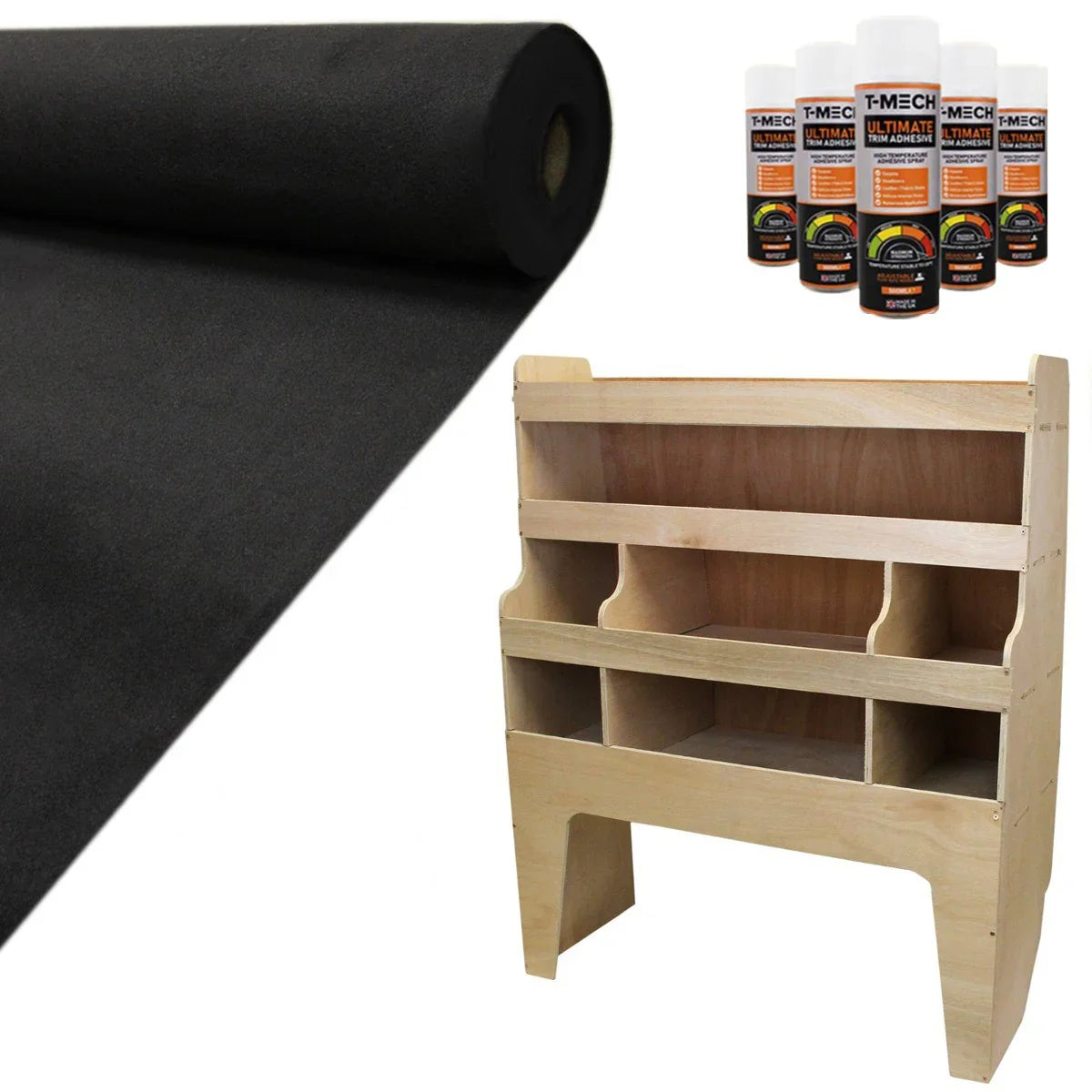 Black van lining roll alongside a wooden racking unit with multiple compartments for VW Transporter organization