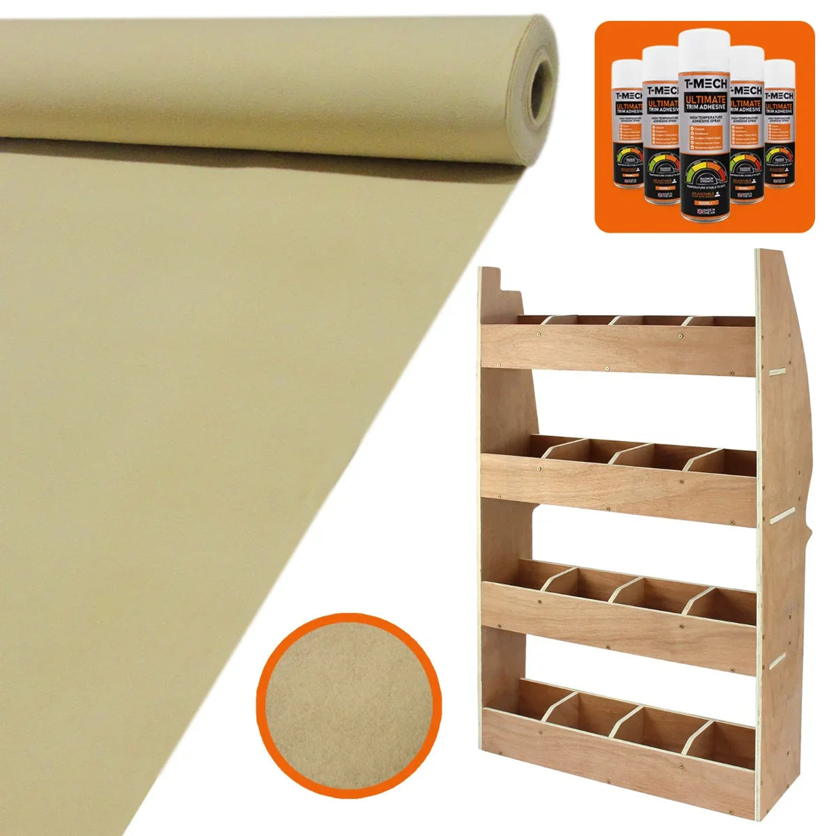 Wheat van lining roll and Citroen Berlingo racking unit with multiple shelves, light beige color, and smooth texture