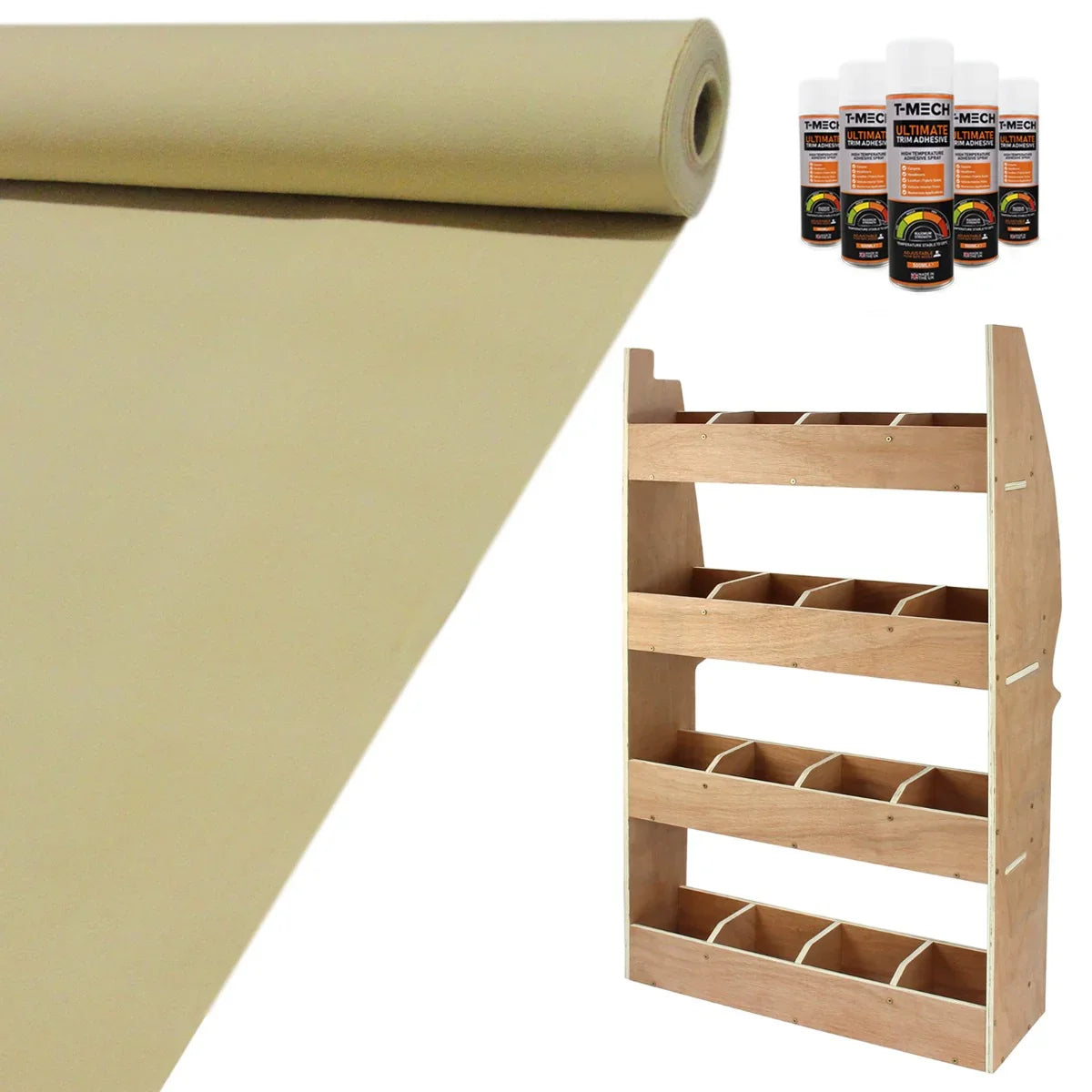 Wheat van lining roll and wooden racking unit with multiple compartments, ideal for Citroen Berlingo storage solutions