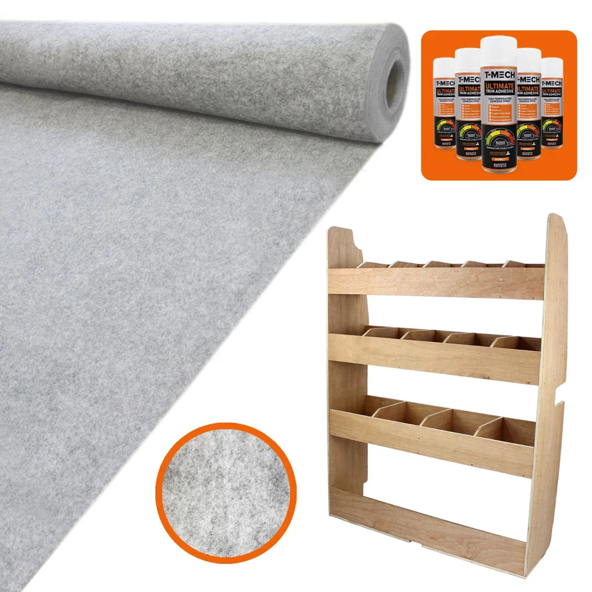 Silver grey van lining roll with soft texture, alongside a wooden racking unit featuring multiple storage compartments