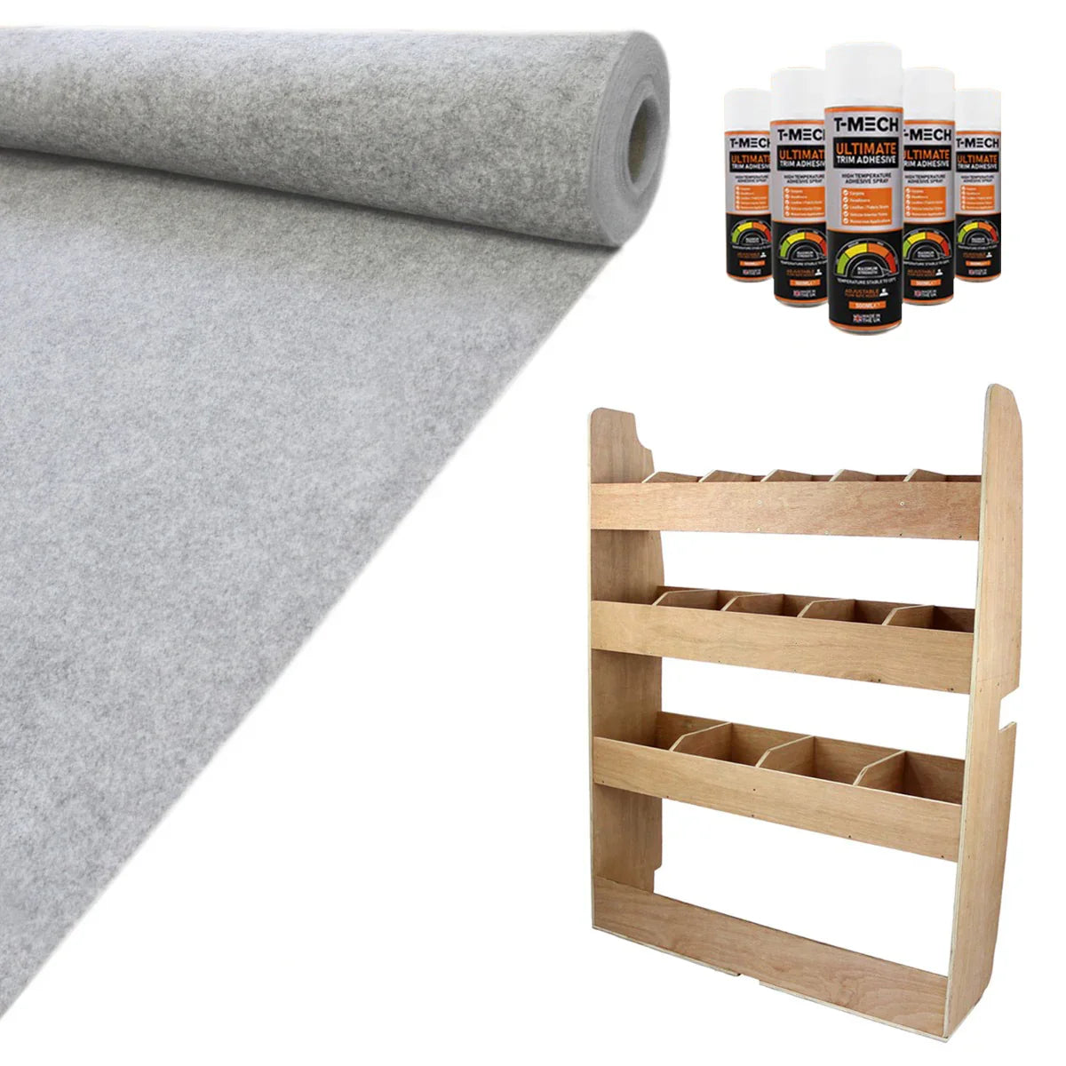 Silver grey van lining roll, wood van racking unit with multiple shelves, and spray cans for installation and maintenance