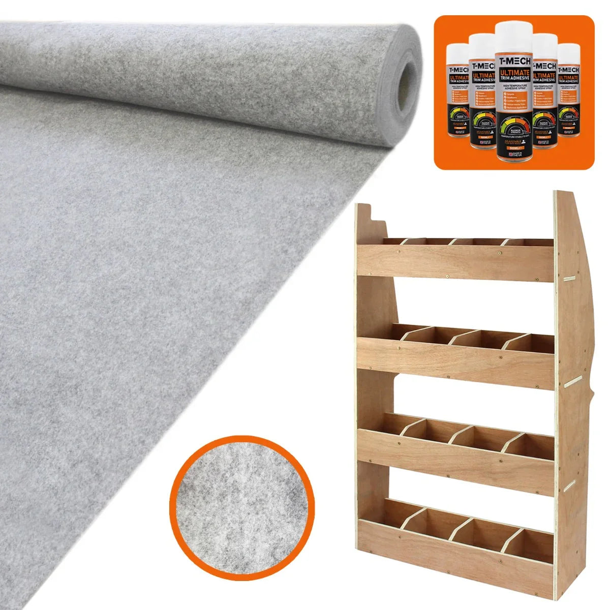 Silver grey van lining roll with a textured finish, alongside a wooden racking unit featuring multiple storage compartments