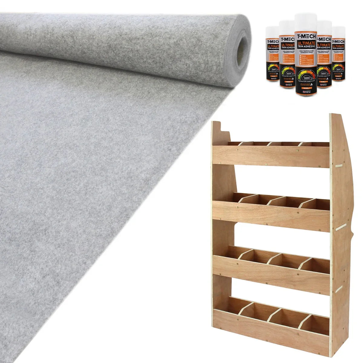 Silver grey van lining roll and wooden racking unit with multiple compartments for Citroen Berlingo storage solutions