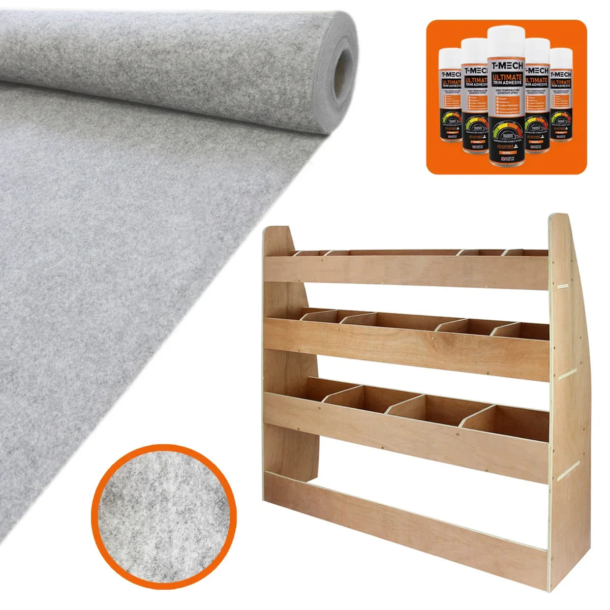 Silver van lining rolls and a wooden racking unit with five open shelves, featuring a smooth finish and sturdy design