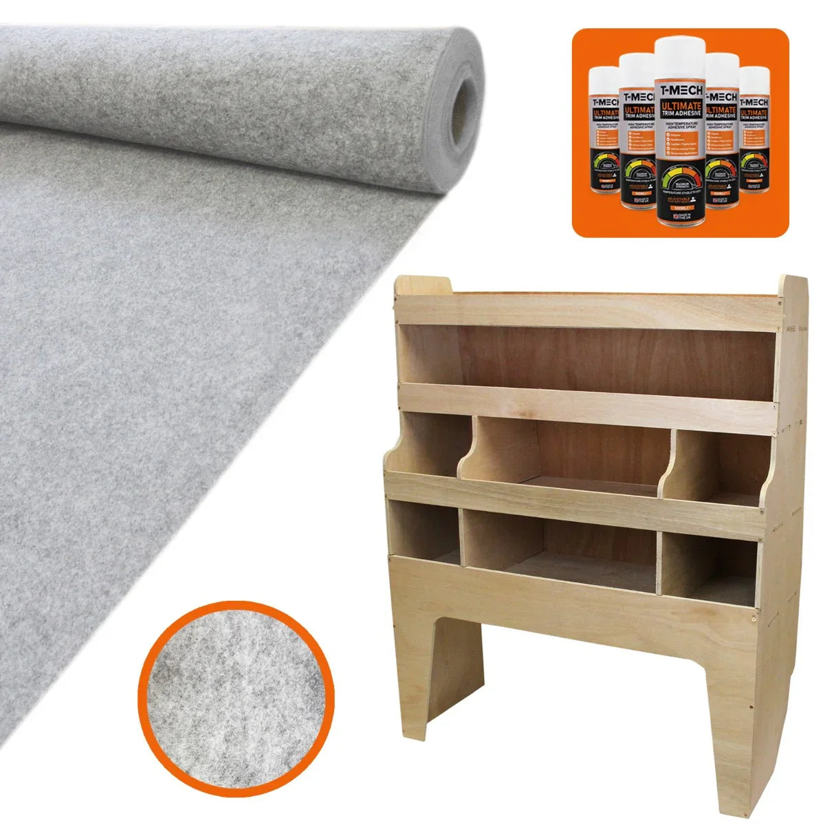 Silver grey van lining roll beside a wooden racking unit with multiple compartments, showcasing soft texture and sturdy...