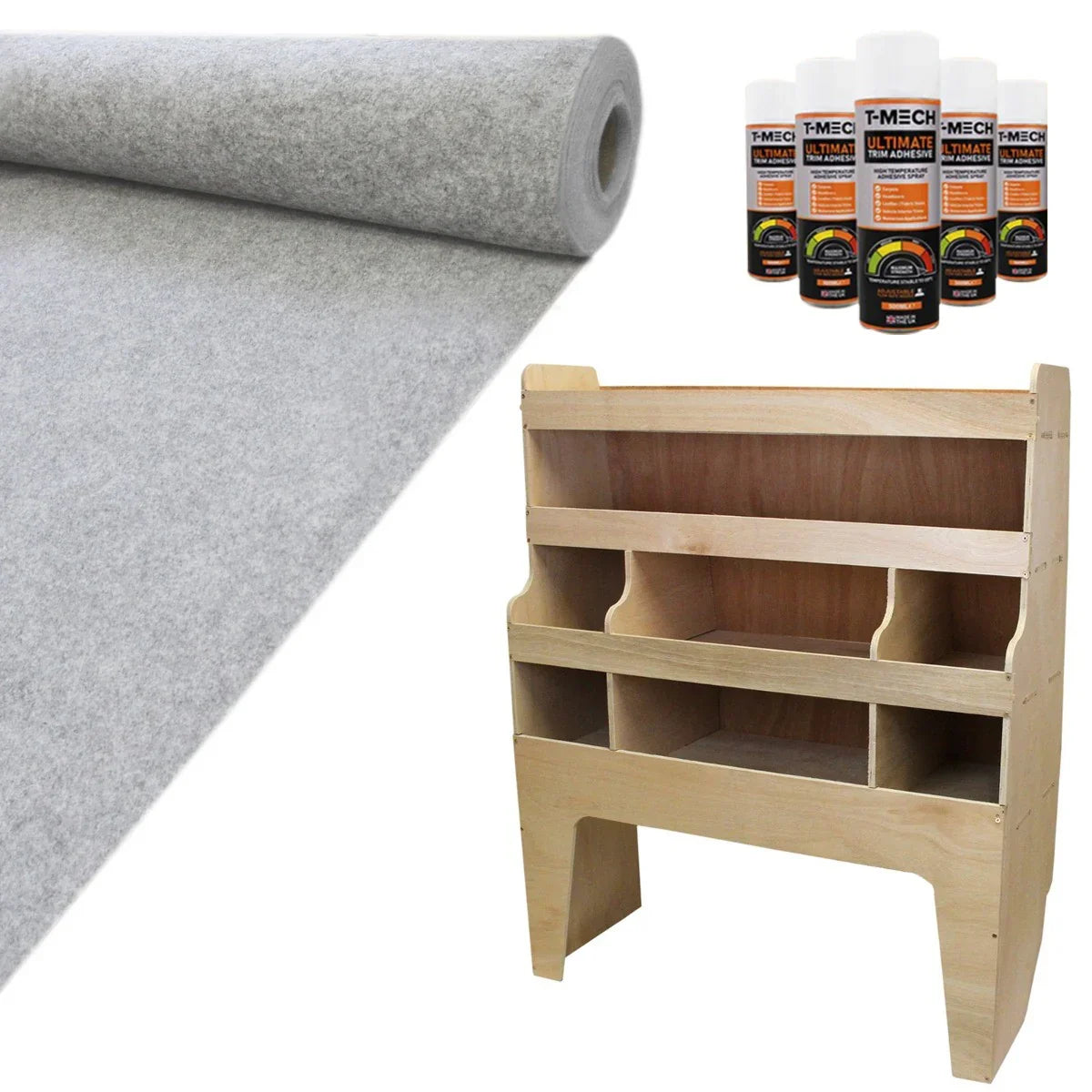 Silver grey van lining roll with a wooden racking unit featuring multiple compartments and cleaning products in the...