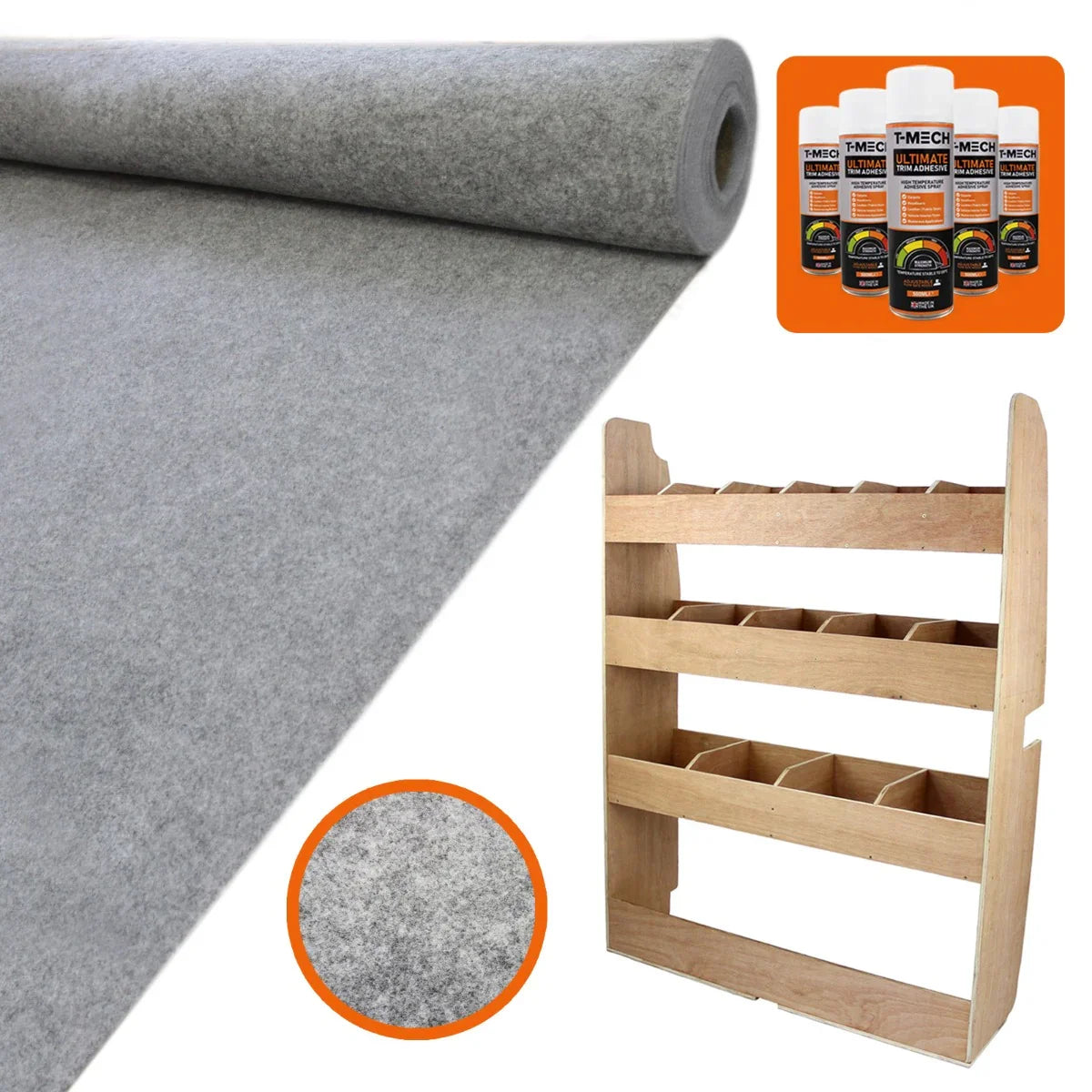 Smoke grey van lining material rolls beside a wooden racking unit with multiple shelves for Ford Transit Custom SWB vans