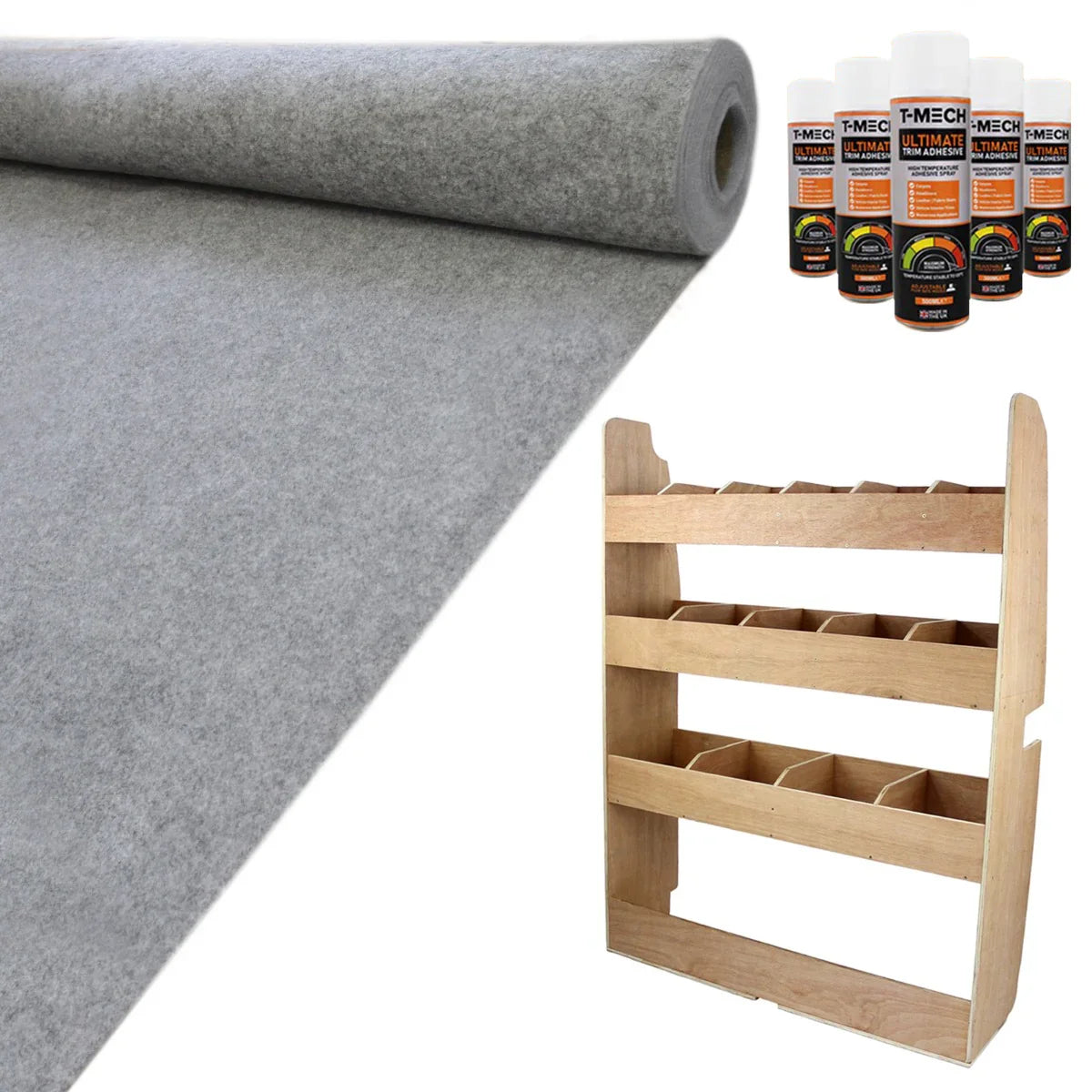 Smoke grey van lining roll with soft texture, alongside a wooden racking unit with multiple storage compartments for Ford...