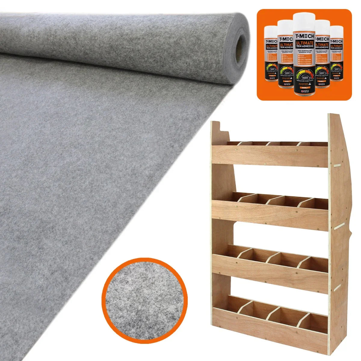 Gray felt van lining roll with adhesive, alongside Citroen Berlingo rack and glue bottles, showcasing texture and color...