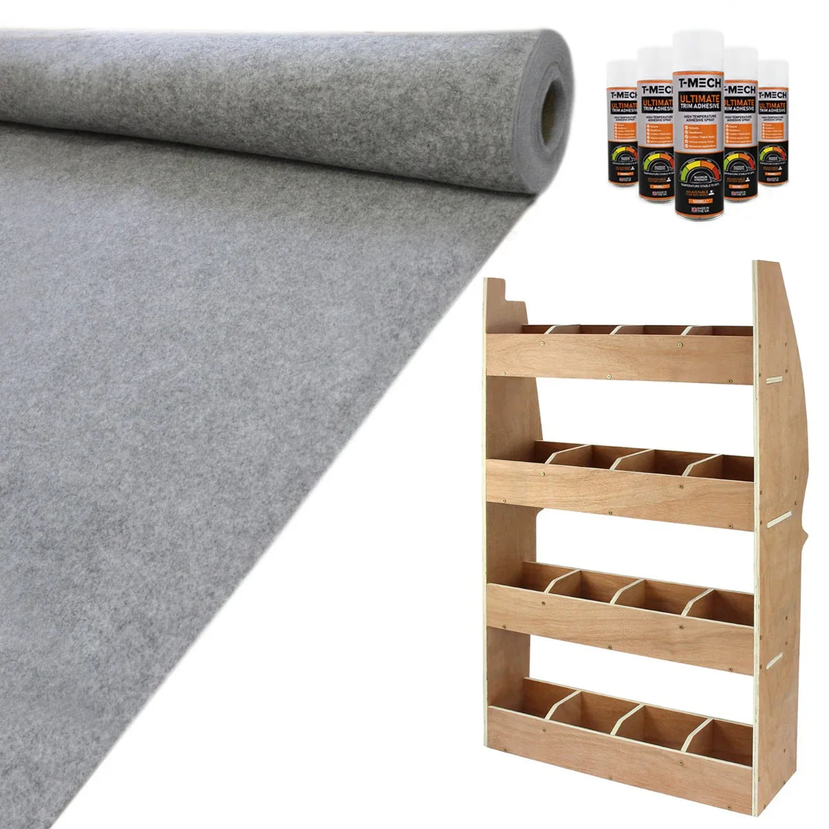 Gray smoke van lining roll, adhesive bottles, and a wooden rack with multiple storage compartments for Citroen Berlingo