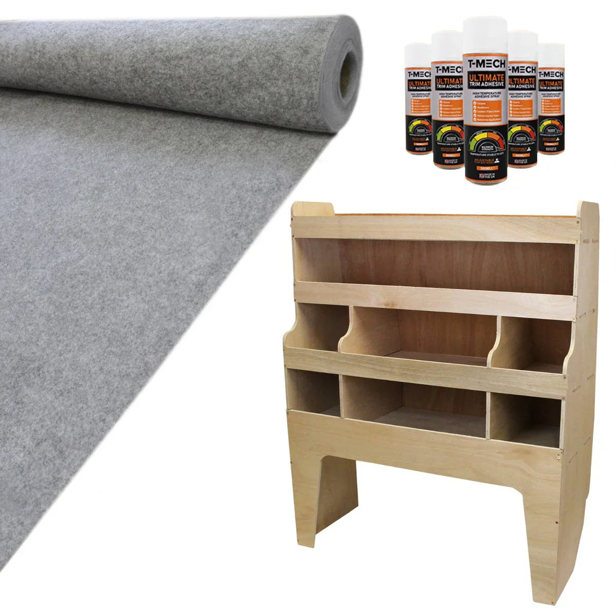 Smoke grey van lining roll with soft texture, alongside a wooden racking unit featuring multiple storage compartments