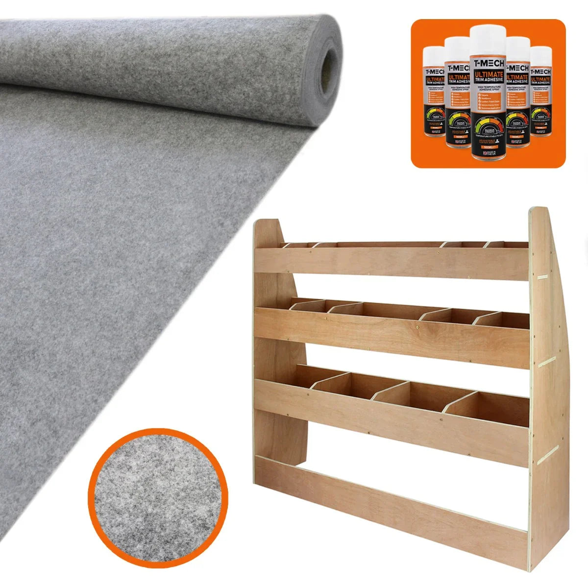 Smoke grey van lining roll beside a wooden racking unit with multiple storage compartments, showcasing soft texture and...