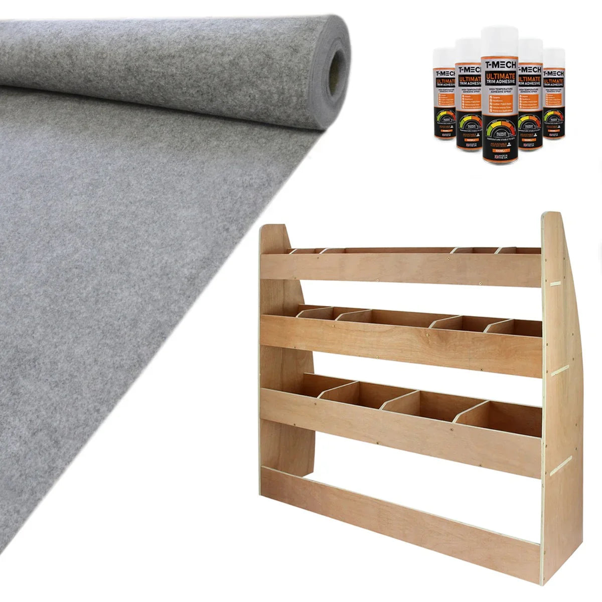 Smoke grey van lining roll with soft texture beside a wooden VW Caddy racking unit featuring multiple storage compartments