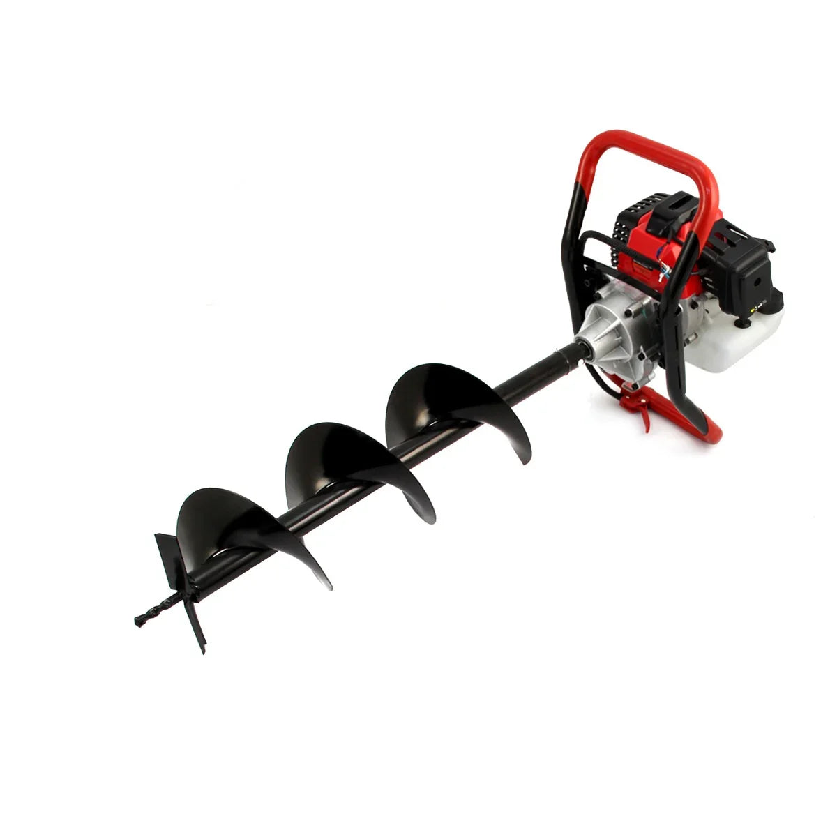 T-Mech Earth Auger with a black spiral drill bit, red handle, and powerful engine, ideal for digging holes in various terrains