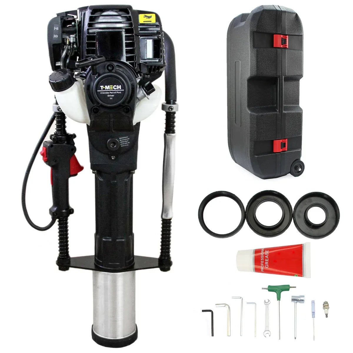 T-Mech 120mm 4 Stroke Post Driver with black and silver body, accessories, and tool kit for efficient ground drilling and cement mixing