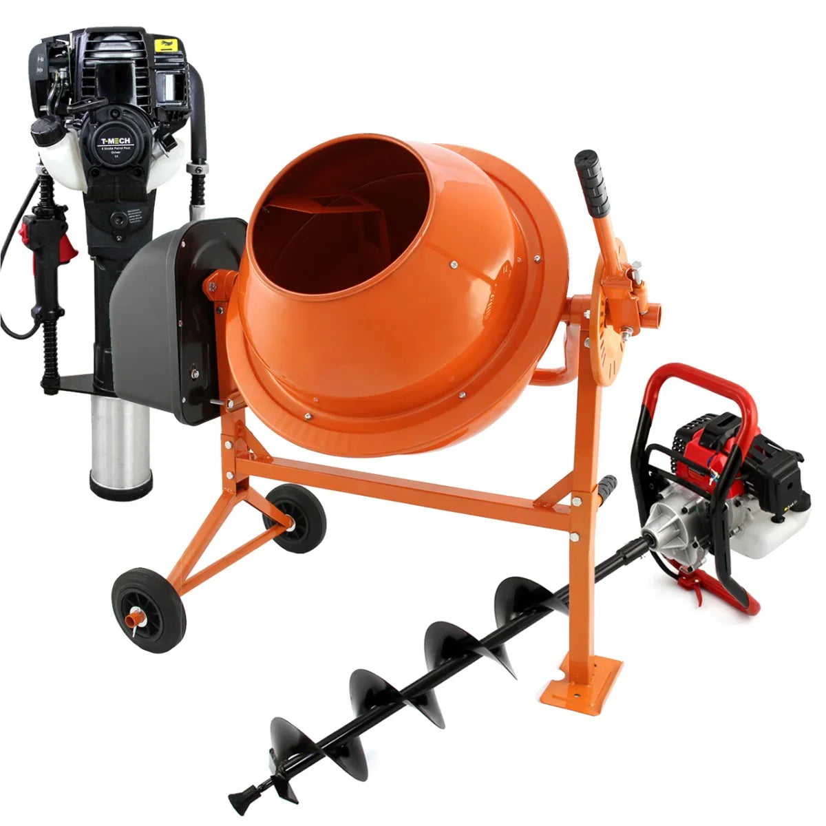 T-Mech Earth Auger and Cement Mixer in vibrant orange, featuring a sturdy metal frame, wheels, and a powerful 2-stroke post driver