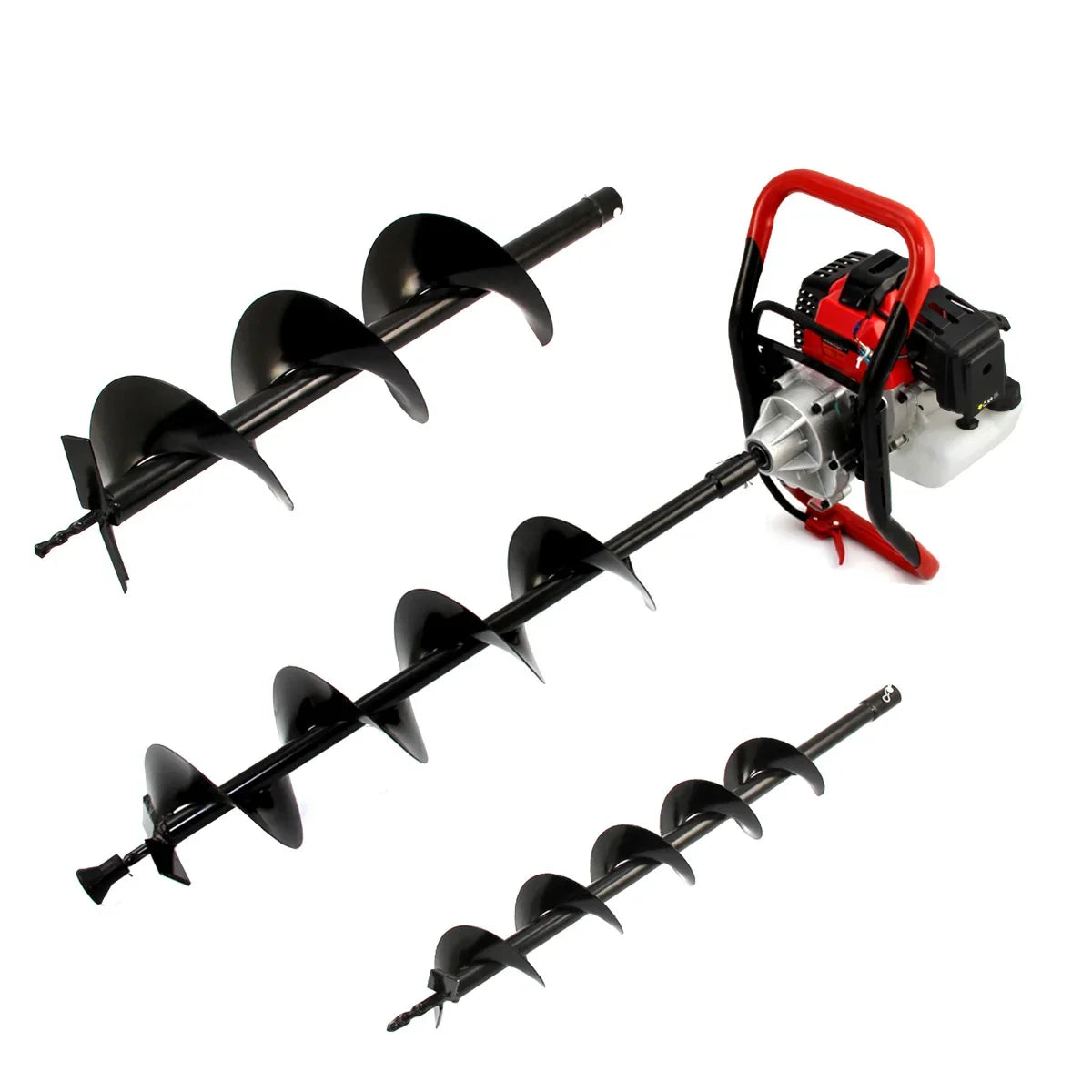 T-Mech Earth Auger with a red and black frame, featuring a spiral drill bit and additional drill attachments for versatile use