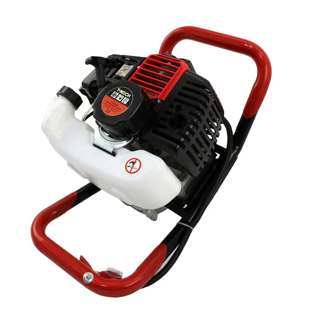 Powerful T-Mech 2-stroke post driver with a red and black engine, featuring a sturdy handle for easy operation and durability