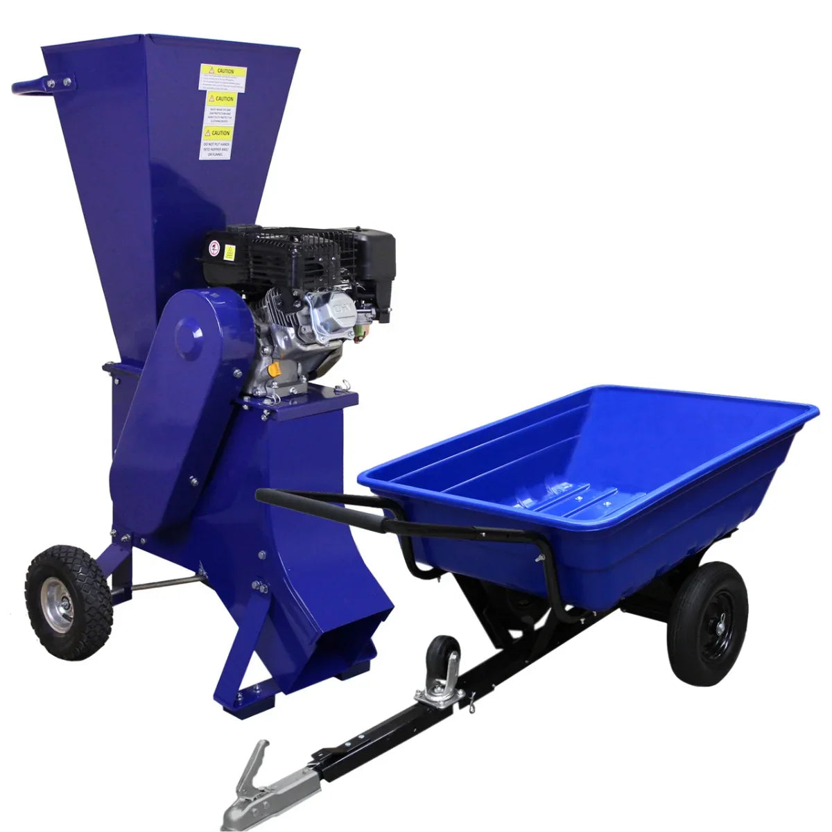 Blue ATV tipping trailer with pneumatic tyres next to a 6.5HP wood chipper, showcasing robust design and practical features