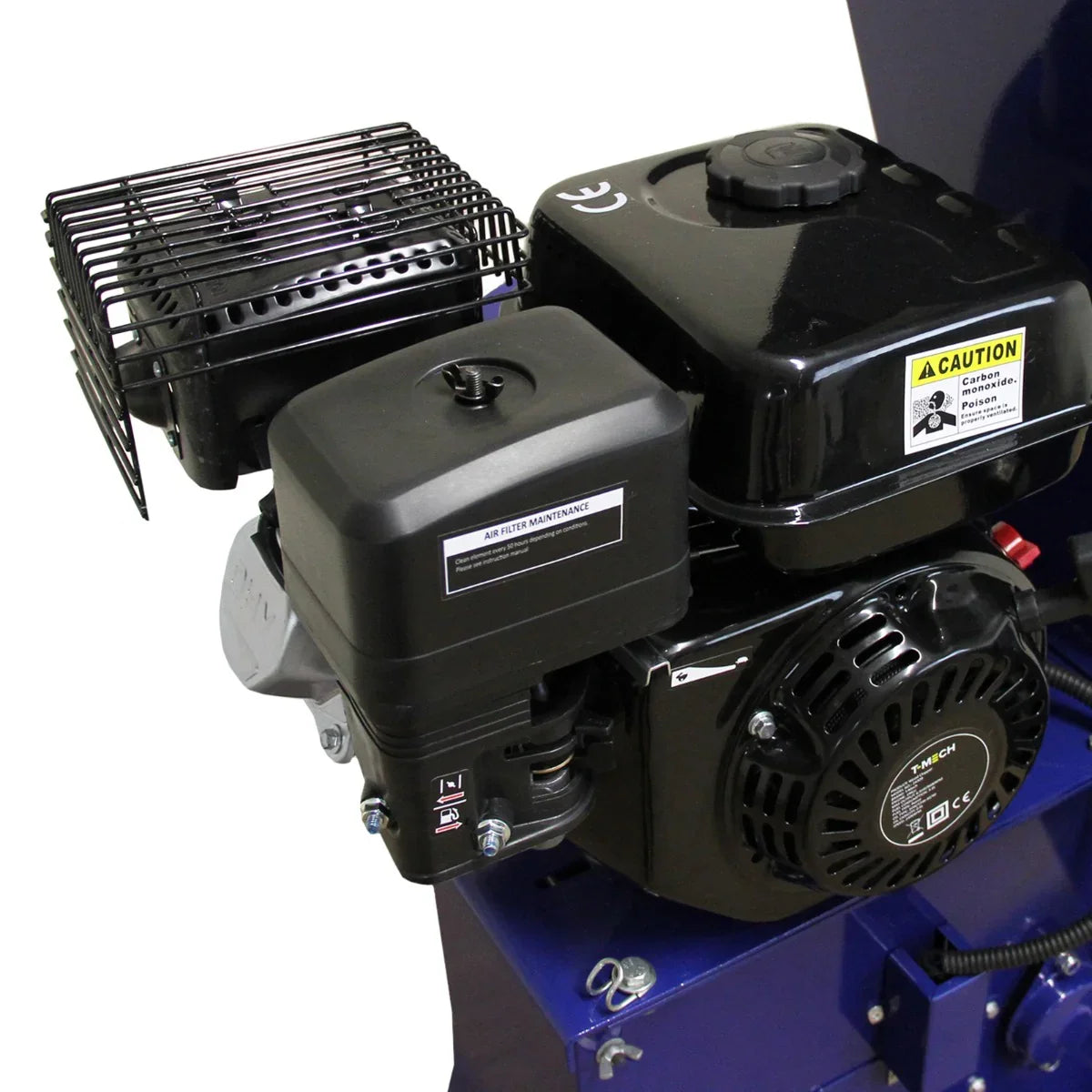 Powerful 15HP engine with a black finish, featuring a protective grill and clear labeling, designed for efficient wood chipping