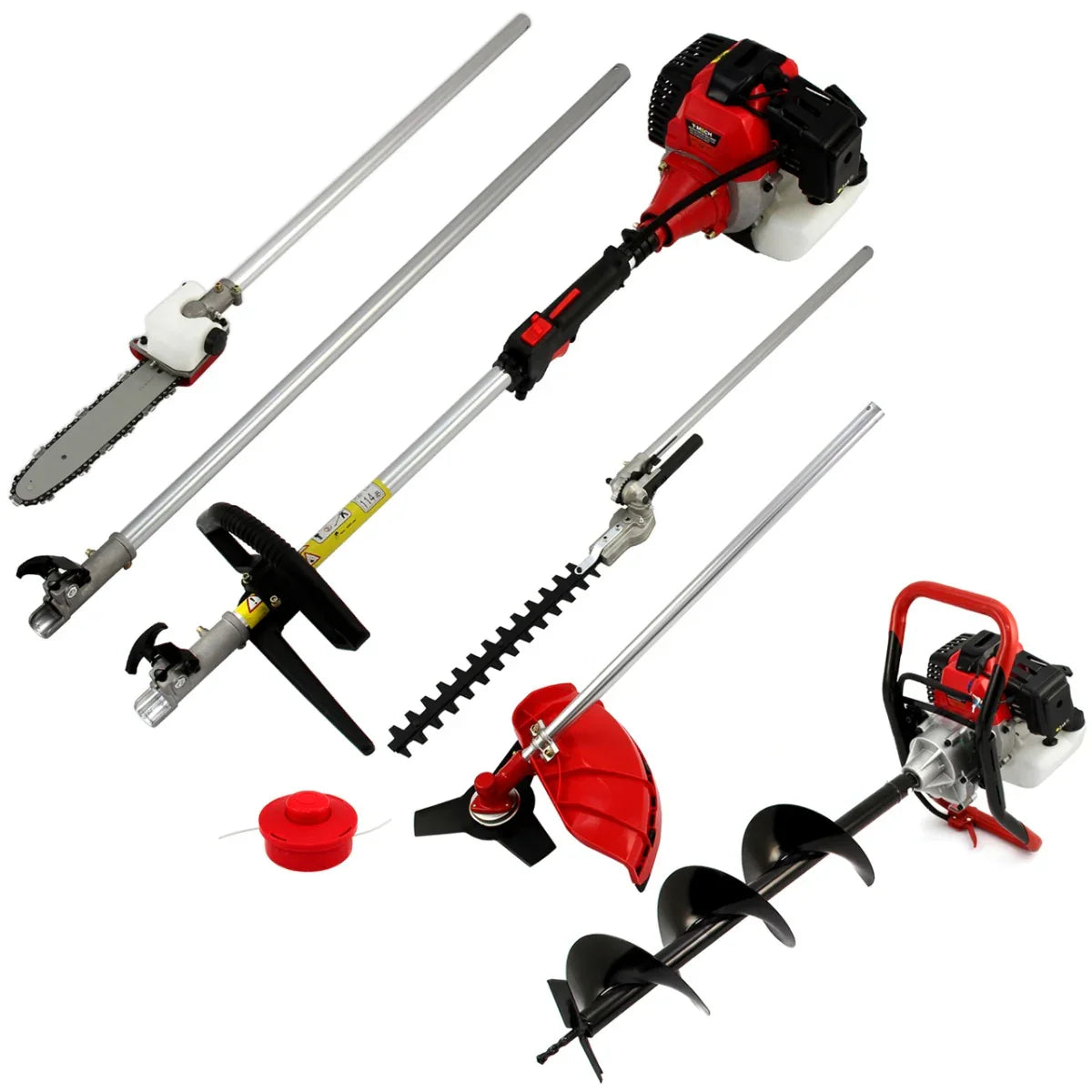 5 in 1 Multi Tool & Earth Auger featuring a red and black design, includes chainsaw, hedge trimmer, and auger attachments, ideal for versatile outdoor tasks