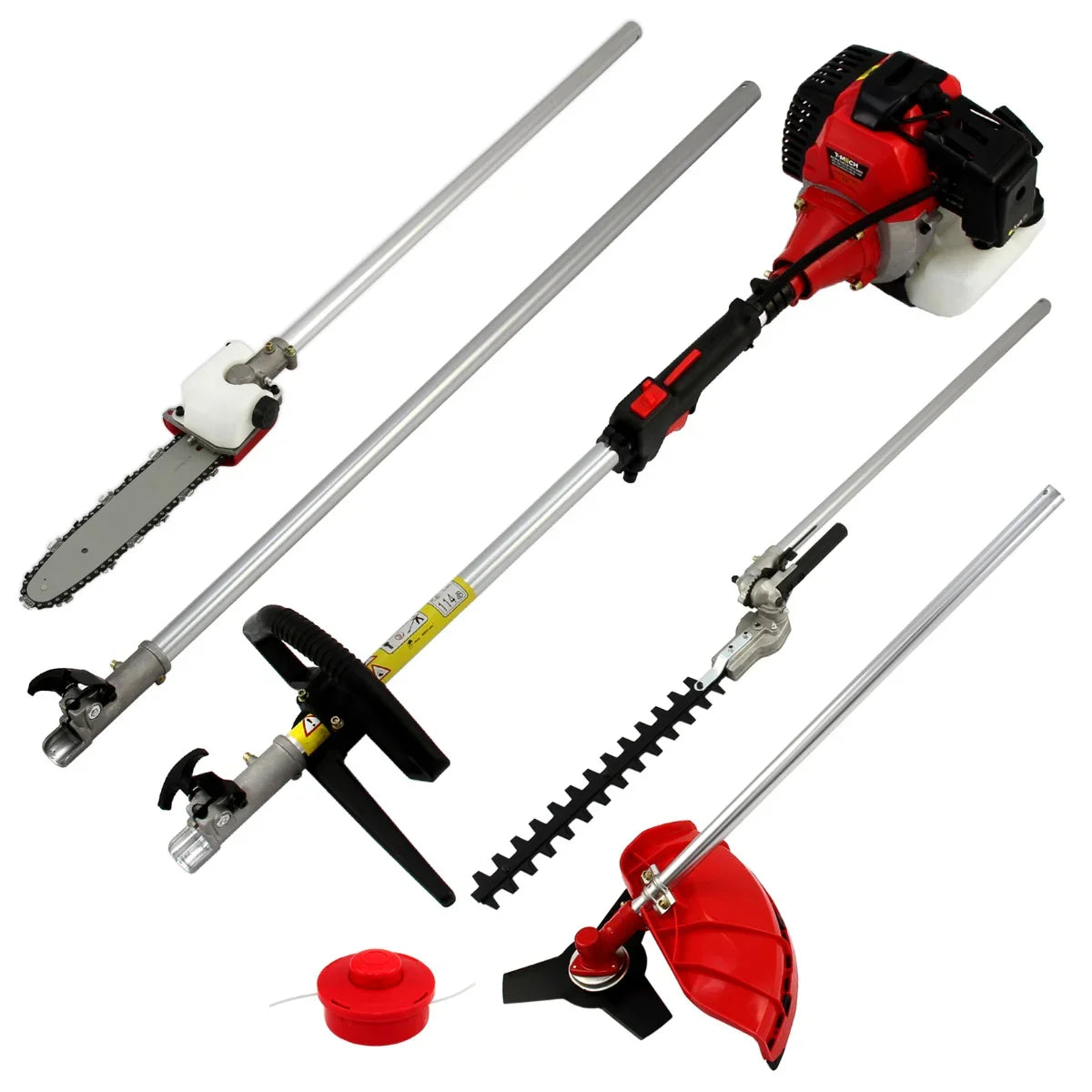 5 in 1 Multi Tool & Earth Auger with red and black design, featuring interchangeable attachments for cutting, trimming, and digging tasks