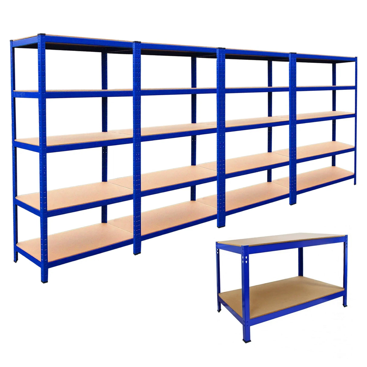 Four blue metal racks with wooden shelves, measuring 90 x 45 x 180cm, alongside a matching workbench with a sturdy design