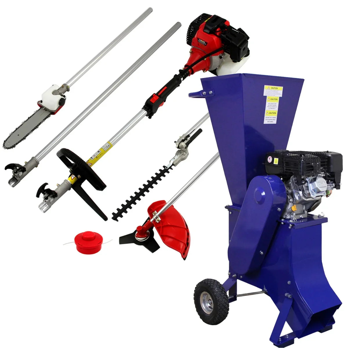 5-in-1 multi tool with attachments including a chainsaw, hedge trimmer, and wood chipper, featuring a blue body and sturdy wheels