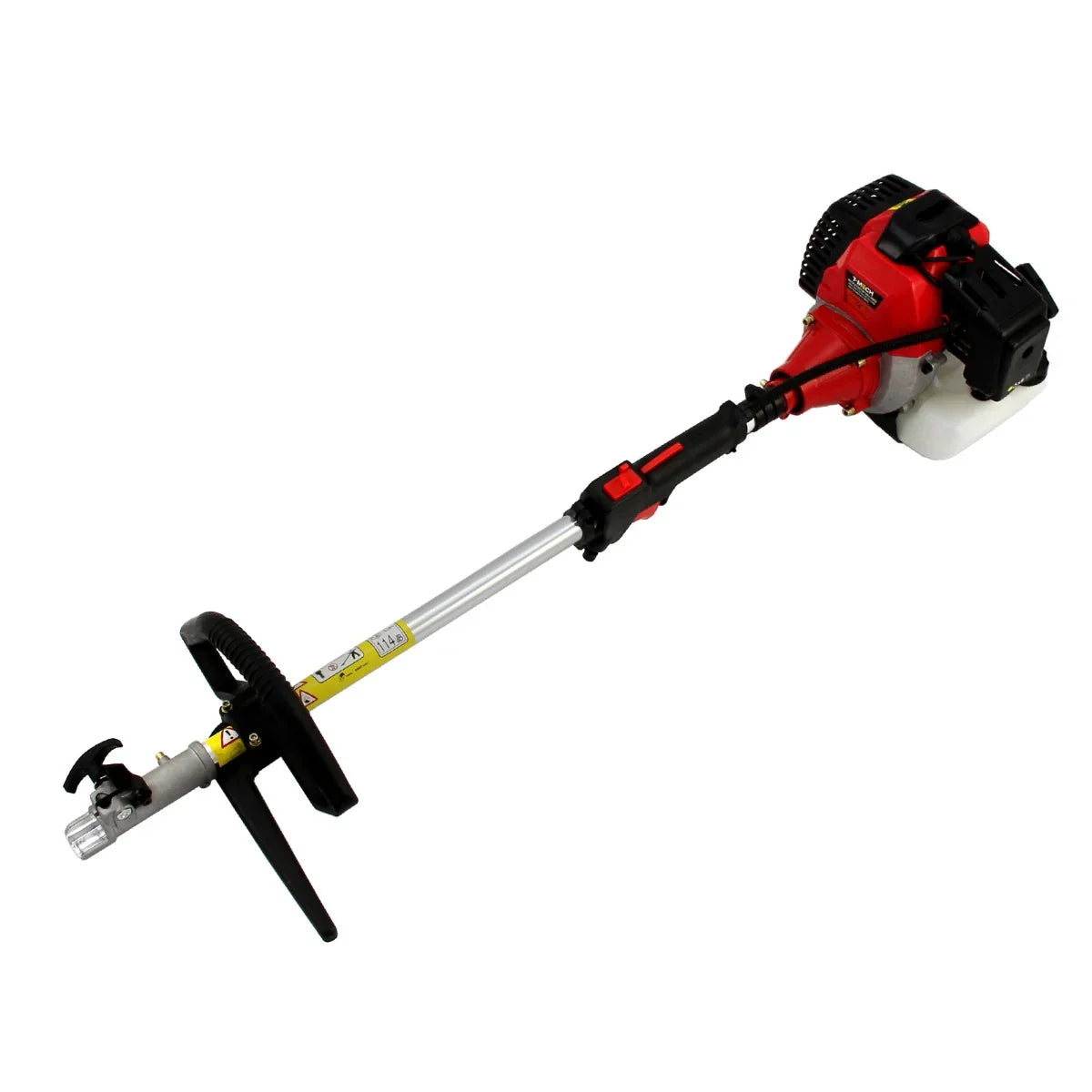 5-in-1 multi tool with a 6.5HP wood chipper, featuring a red engine, black handle, and durable metal shaft for versatile outdoor use