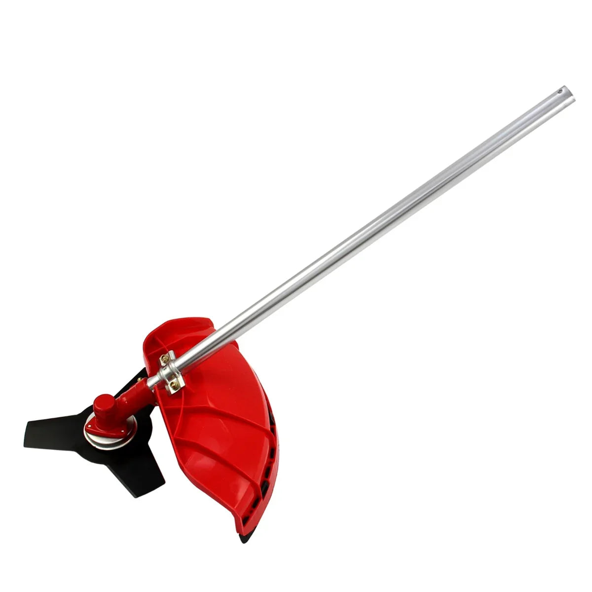 5-in-1 multi tool with a red plastic head, metal shaft, and sharp blade, designed for efficient wood chipping and yard work