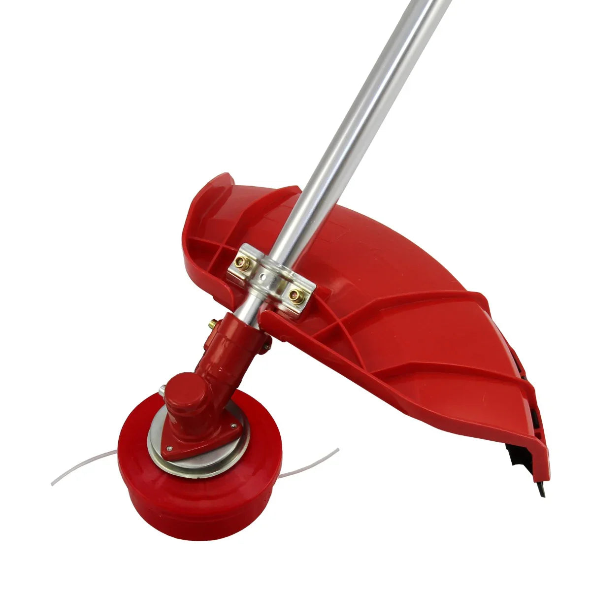 Red 5-in-1 multi tool attachment with a protective guard and spool, designed for efficient wood chipping and trimming tasks