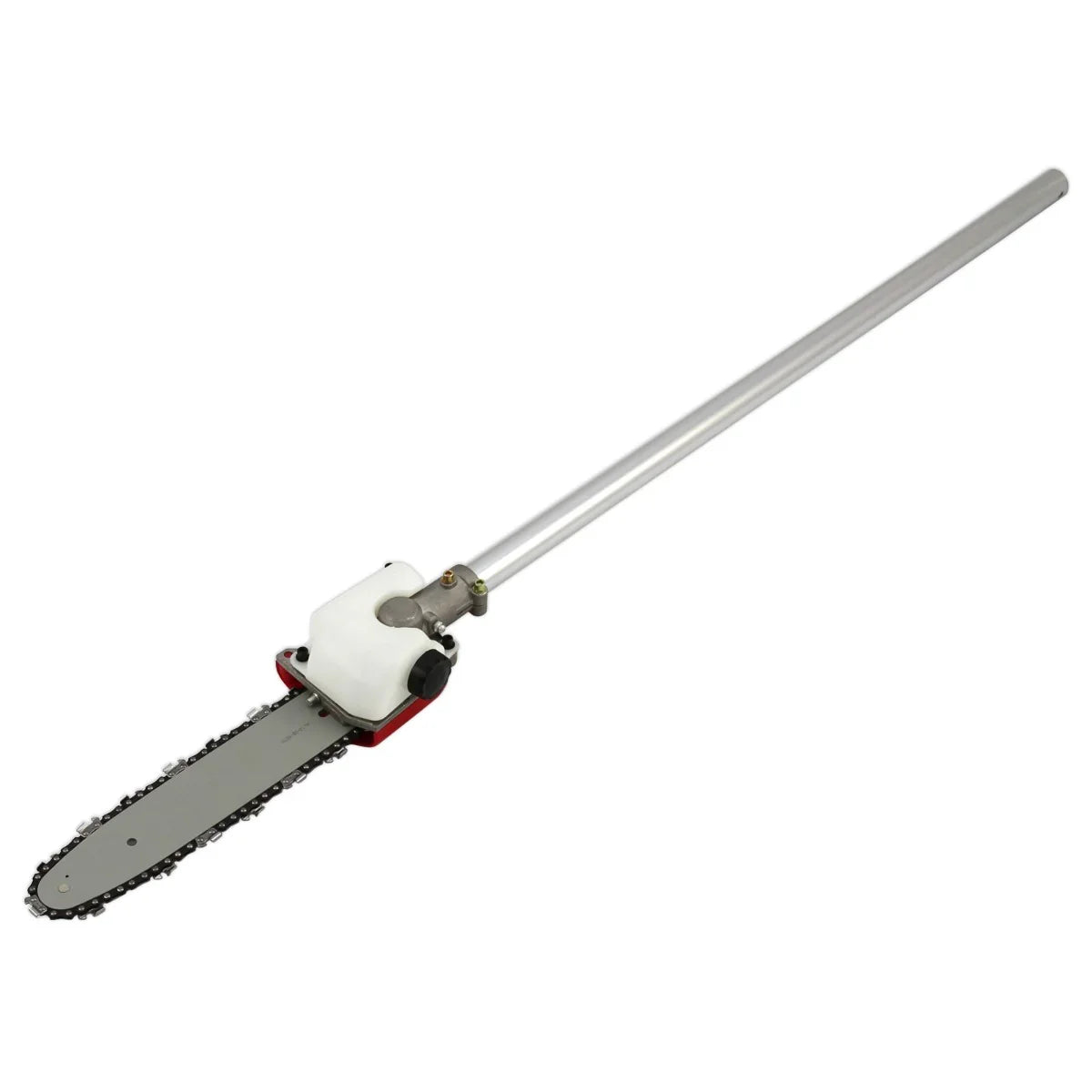 5 in 1 multi tool with a long aluminum pole, featuring a sharp chainsaw blade for efficient wood cutting and trimming