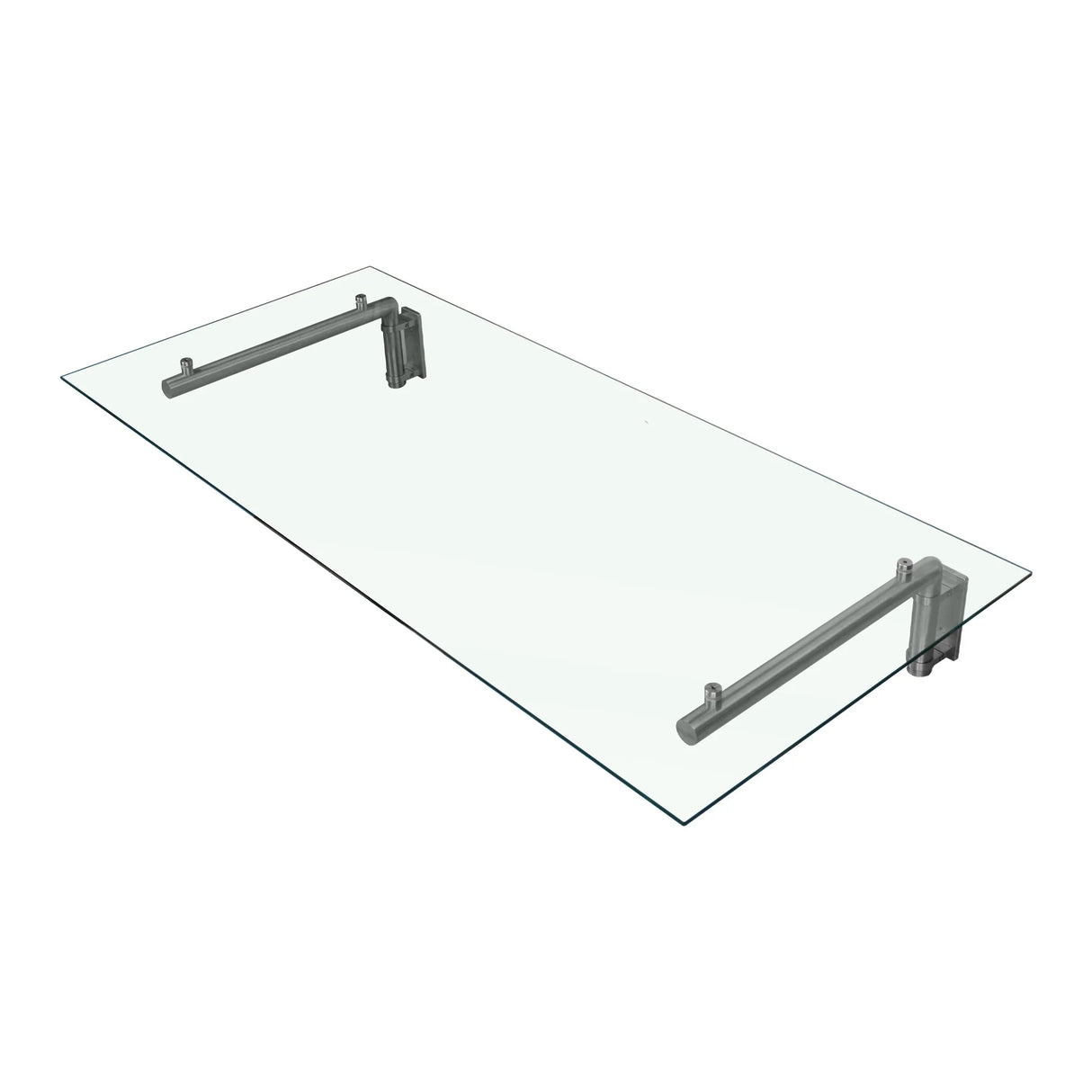 Clear glass door canopy with sleek silver brackets, measuring 144cm wide by 80cm deep, ideal for enhancing entryways