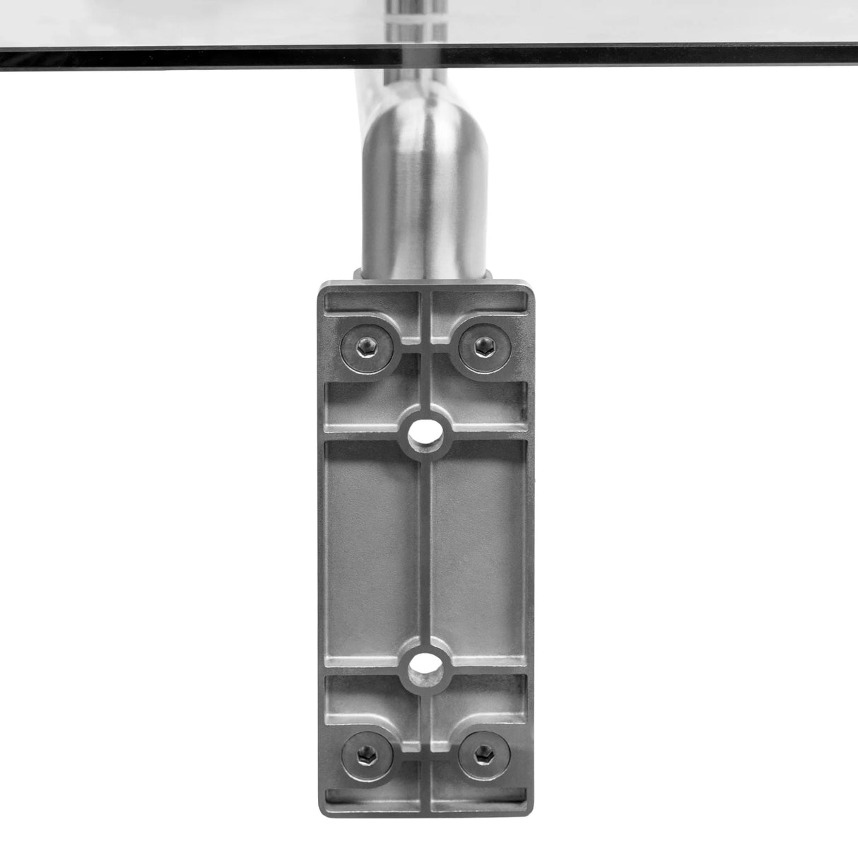 Close-up of a sturdy aluminum bracket for a glass door canopy, showcasing its smooth finish and secure mounting holes