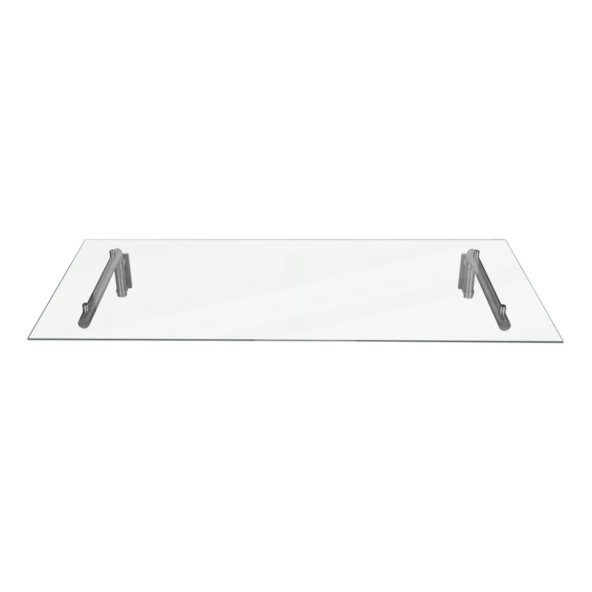 Clear glass door canopy with sleek silver brackets, measuring 144cm wide by 80cm deep, ideal for stylish outdoor protection