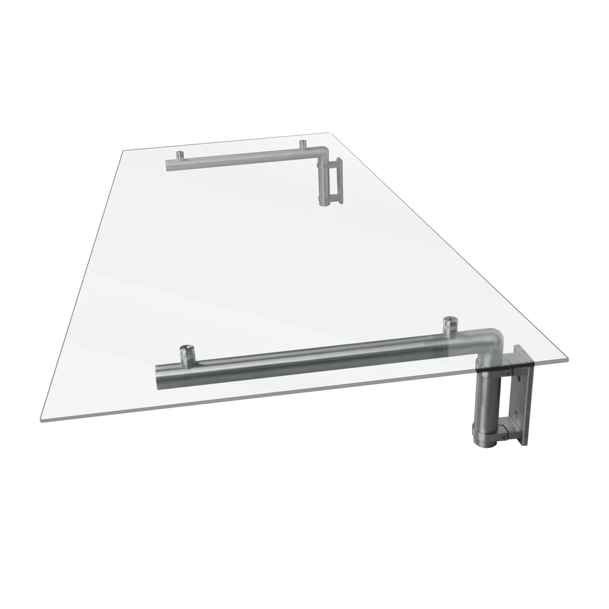 Clear glass door canopy measuring 144cm wide and 80cm deep, featuring sleek metal brackets for sturdy mounting and modern design