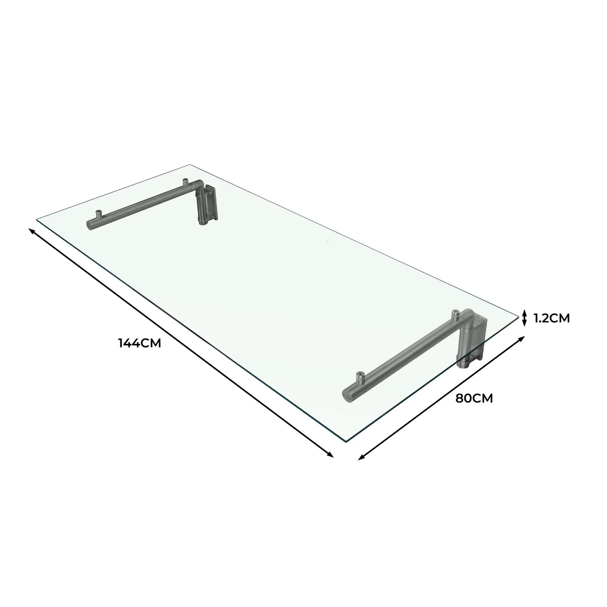Clear glass door canopy with sleek silver brackets, measuring 144cm wide and 80cm deep, showcasing a modern design