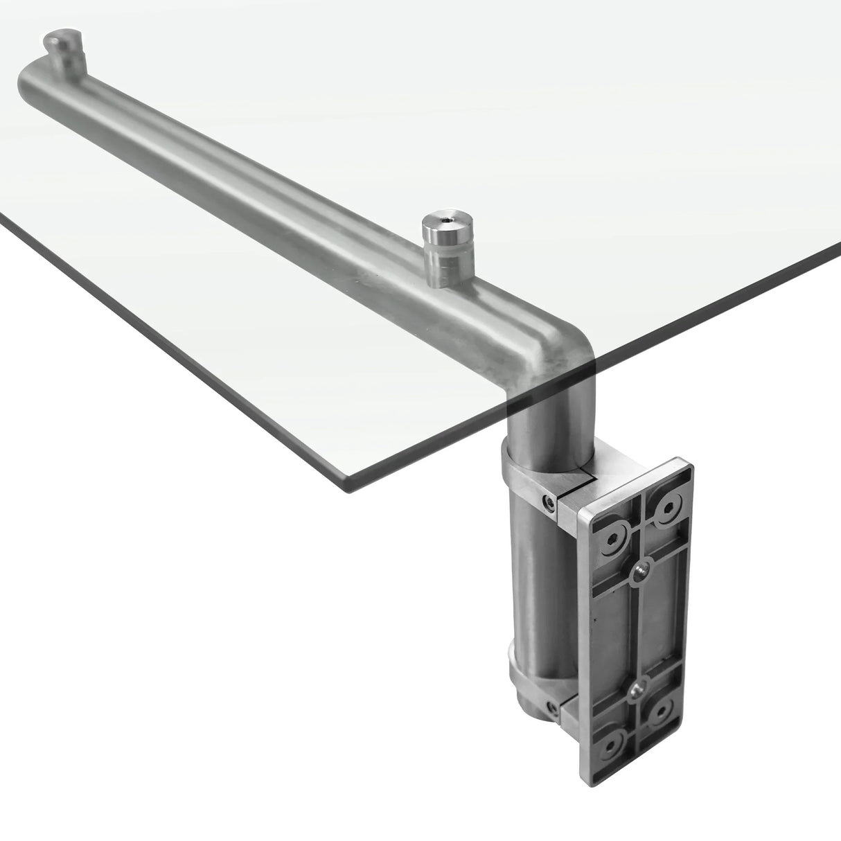 Clear glass door canopy with stainless steel brackets, featuring a sleek design and sturdy support for outdoor entryways
